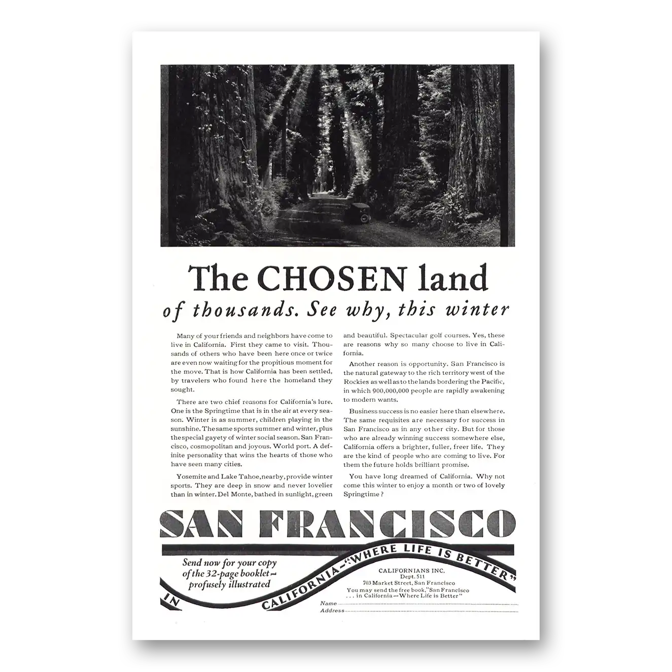 1929 San Francisco California Chosen Land of Thousands Vintage Magazine Print Ad