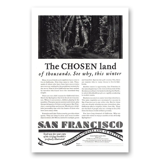 1929 San Francisco California Chosen Land of Thousands Vintage Magazine Print Ad