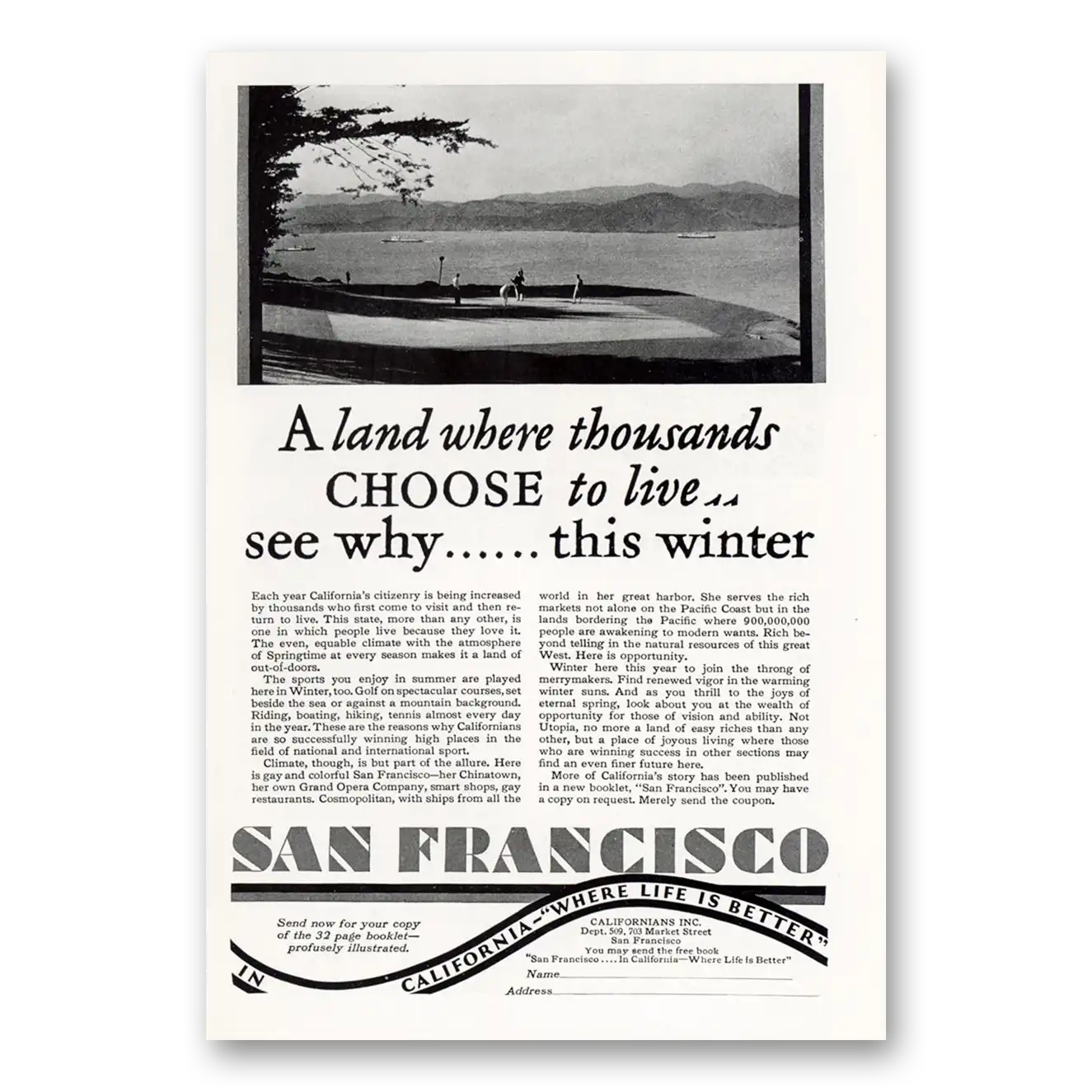 1929 San Francisco California Land Where Thousands Choose To Live Vintage Magazine Print Ad