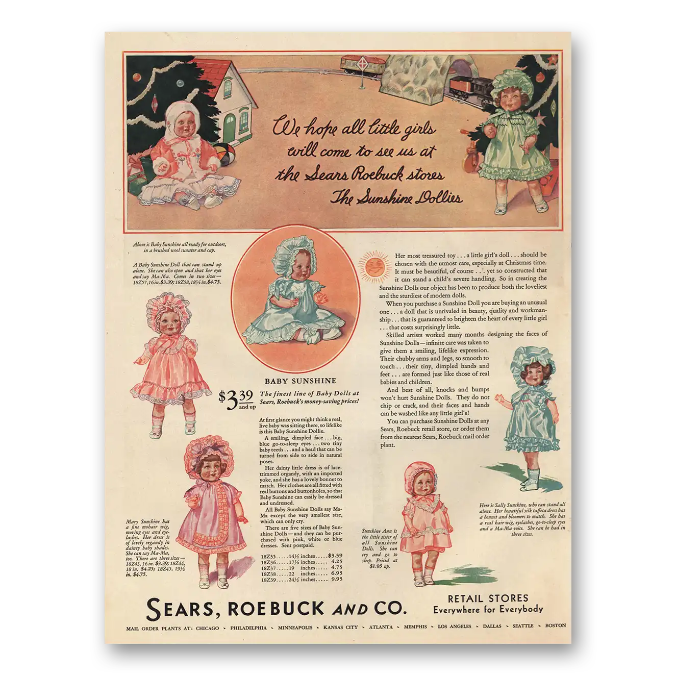 1929 Sears Roebuck and Co Sunshine Dollies Vintage Magazine Print Ad