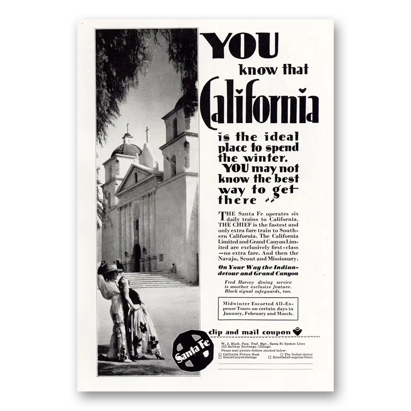 1929 Santa Fe Railway You Know That California Is the Ideal Place Vintage Magazine Print Ad