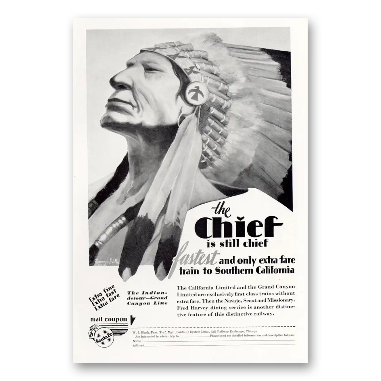 1929 Santa Fe Railway Chief Is Still Chief Vintage Magazine Print Ad