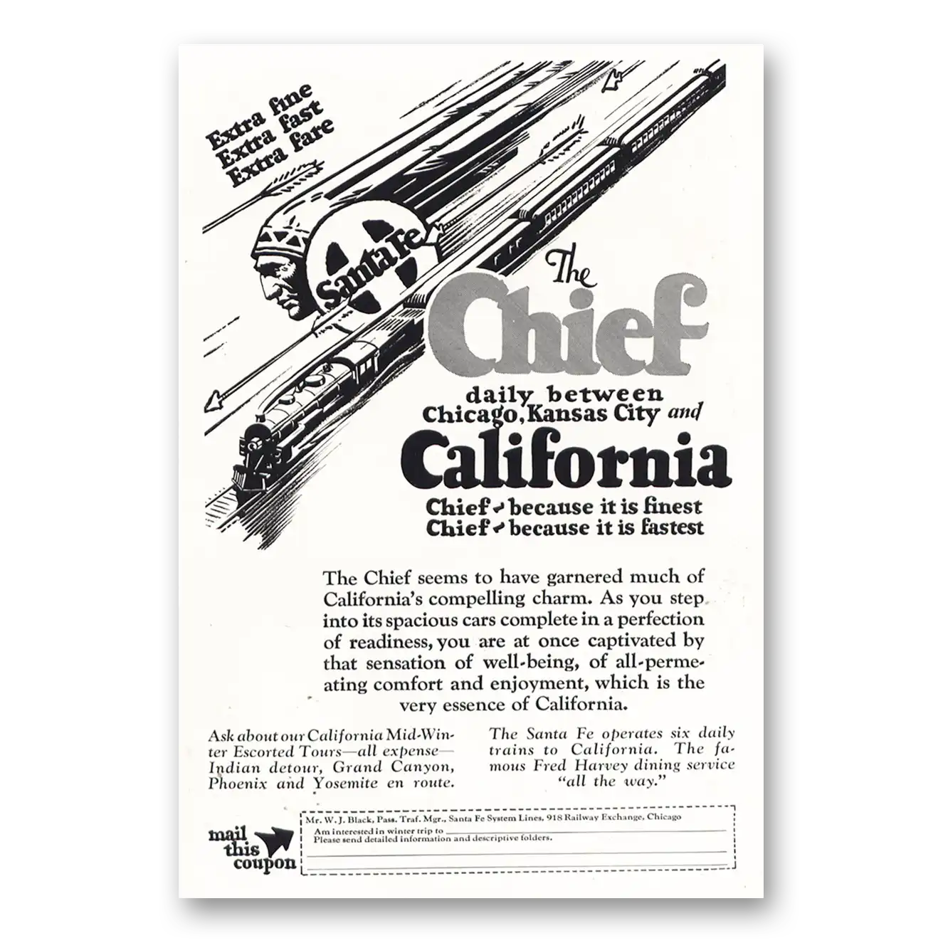 1929 Santa Fe Railway Chief California Vintage Magazine Print Ad