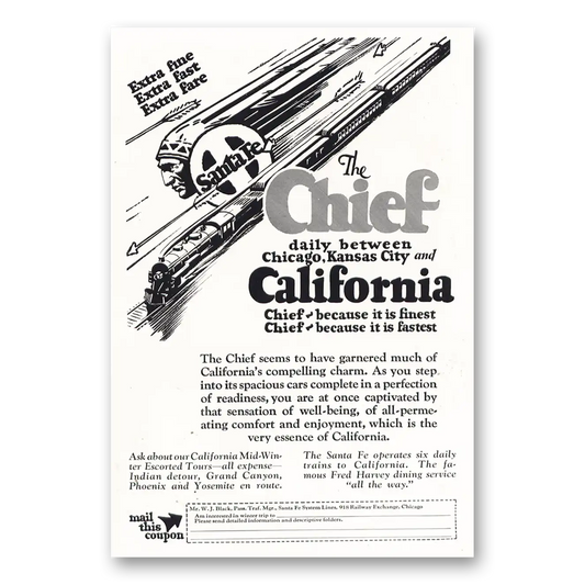 1929 Santa Fe Railway Chief California Vintage Magazine Print Ad