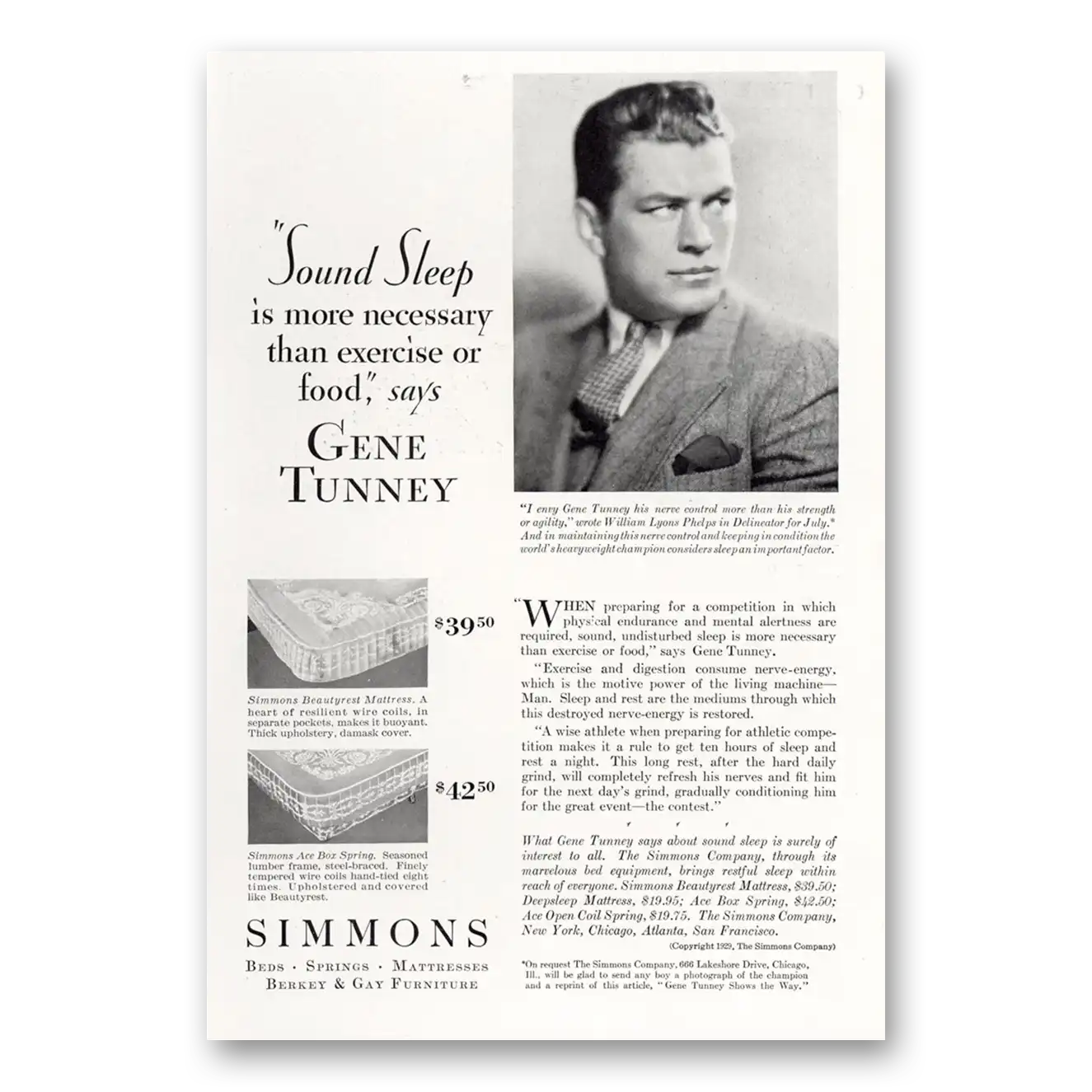 1929 Simmons Bed Mattresses Sound Sleep Gene Tunney Vintage Magazine Print Ad