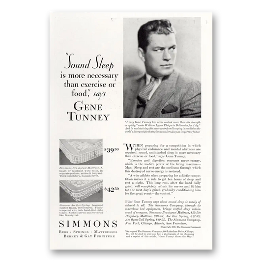 1929 Simmons Bed Mattresses Sound Sleep Gene Tunney Vintage Magazine Print Ad