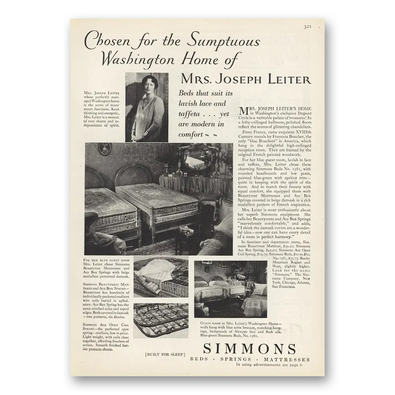 1929 Simmons Bed Mattresses Bedding Washington Home Mrs Joseph Leiter Vintage Magazine Print Ad