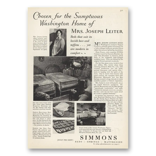 1929 Simmons Bed Mattresses Bedding Washington Home Mrs Joseph Leiter Vintage Magazine Print Ad