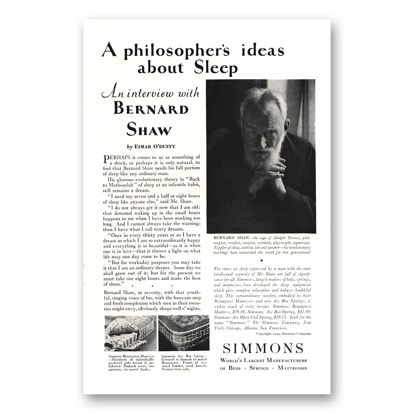 1929 Simmons Bed Mattresses Philosophers Ideas About Sleep Bernard Shaw Vintage Magazine Print Ad