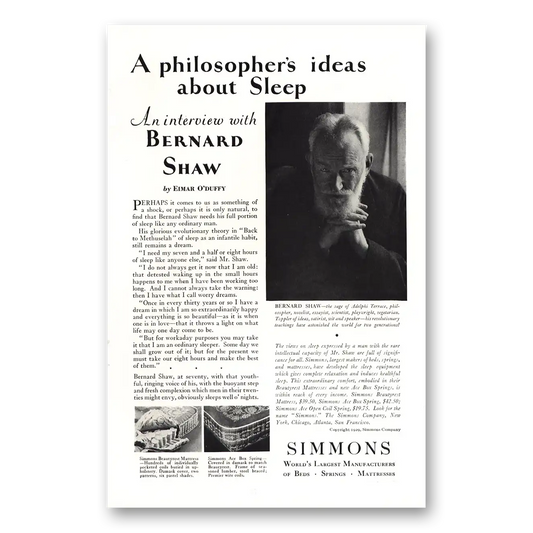 1929 Simmons Bed Mattresses Philosophers Ideas About Sleep Bernard Shaw Vintage Magazine Print Ad