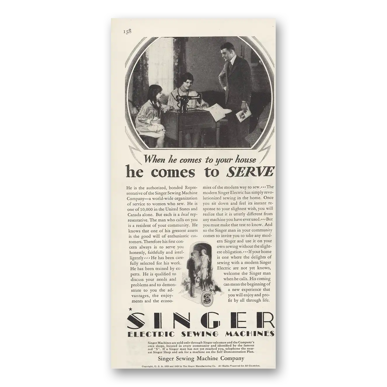 1929 Singer Sewing Machine He Comes To Serve Vintage Magazine Print Ad