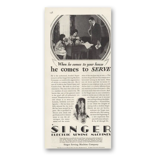 1929 Singer Sewing Machine He Comes To Serve Vintage Magazine Print Ad