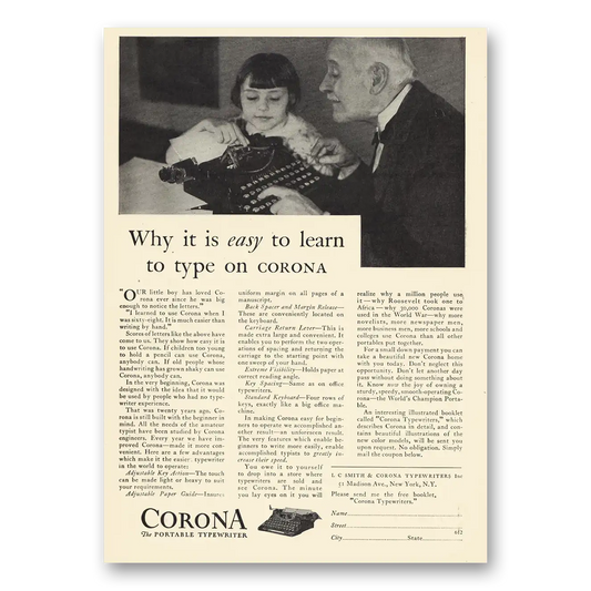 1929 Corona Typewriter Why It Is Easy to Learn to Type Vintage Magazine Print Ad