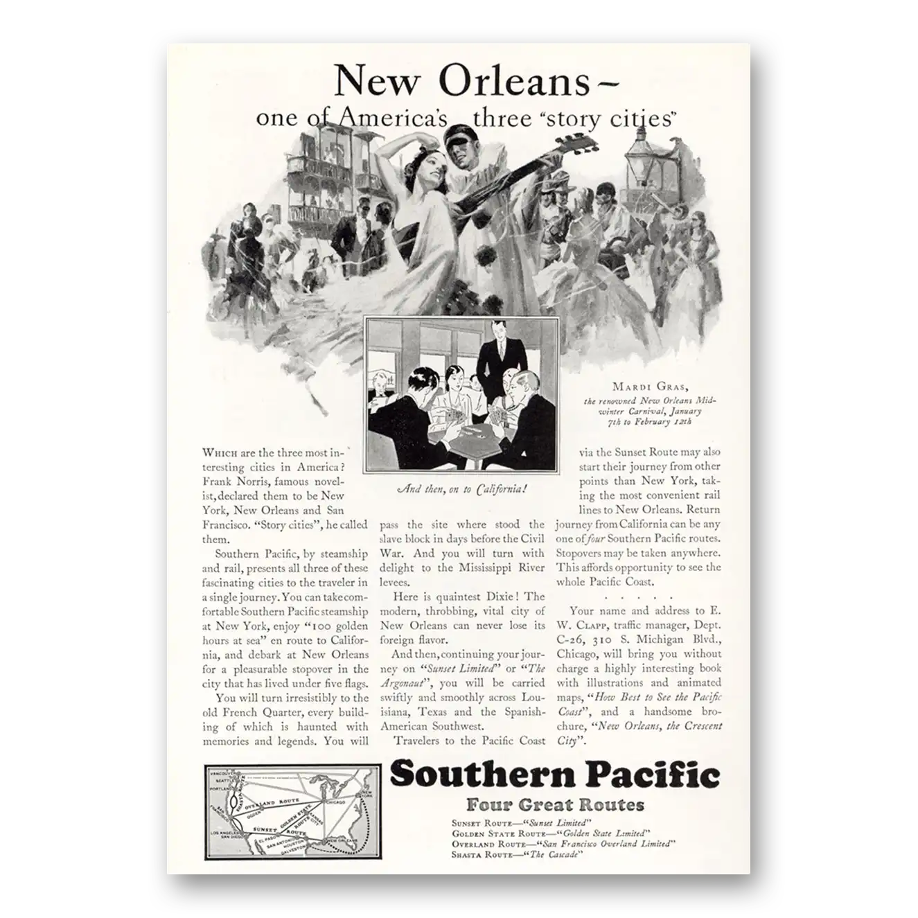 1929 Southern Pacific New Orleans Vintage Magazine Print Ad