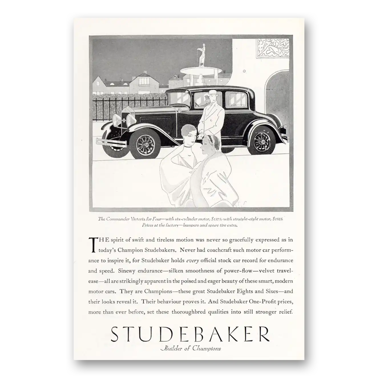 1929 Studebaker Commander Spirit of Swift and Tireless Motion Vintage Magazine Print Ad