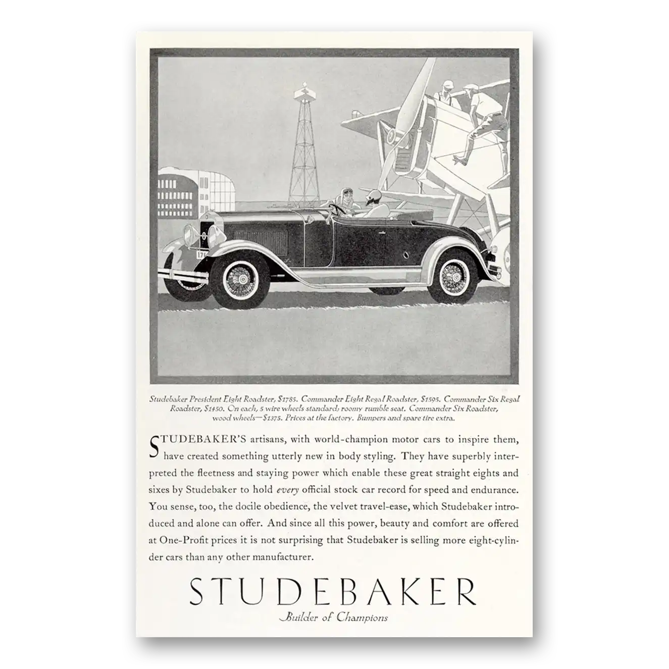 1929 Studebaker President Eight Roadster Vintage Magazine Print Ad