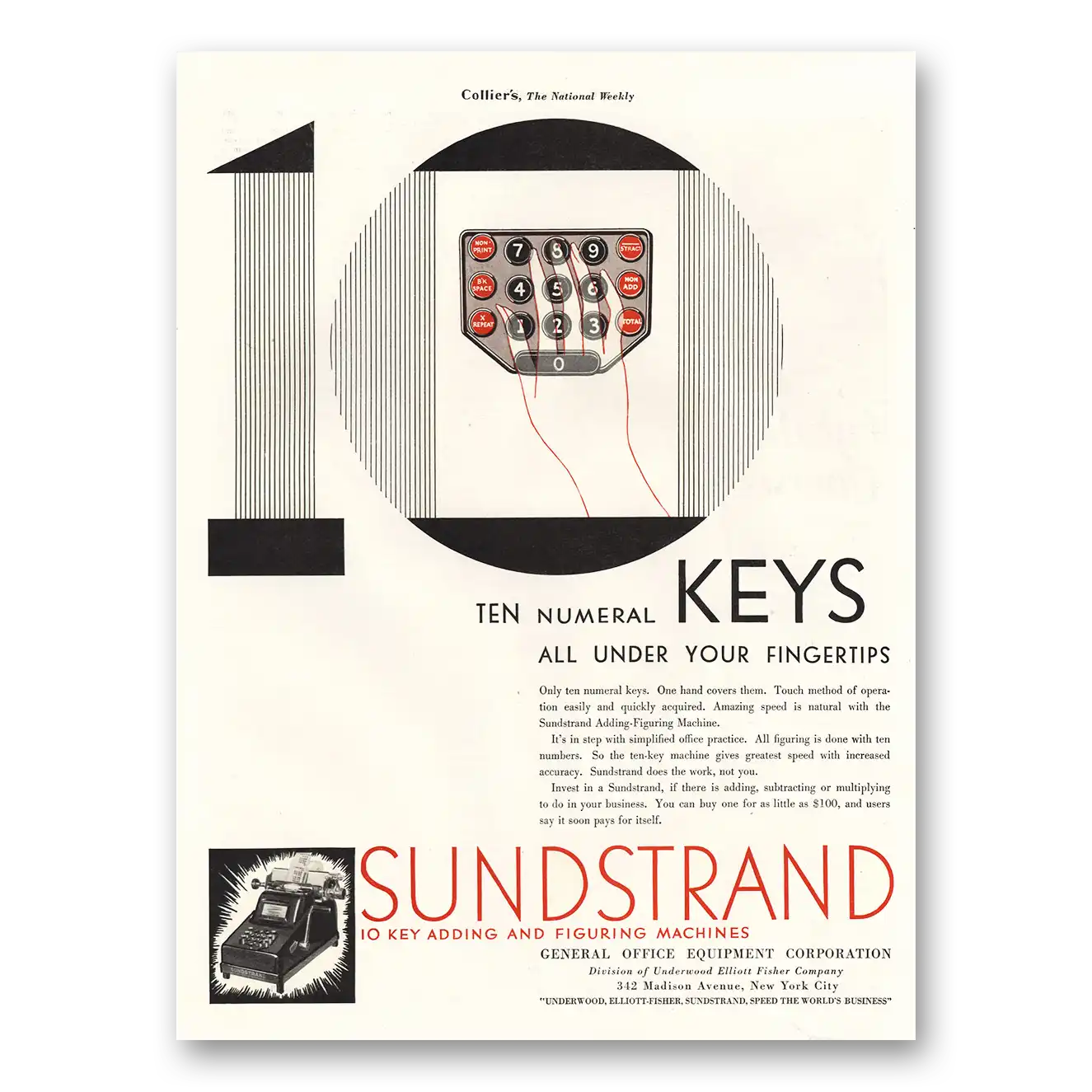 1929 Sundstrand Adding and Figuring Machines Ten Numerical Keys Vintage Magazine Print Ad