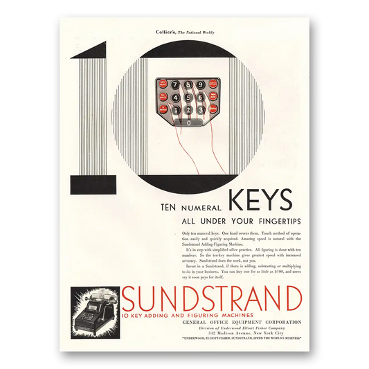 1929 Sundstrand Adding and Figuring Machines Ten Numerical Keys Vintage Magazine Print Ad