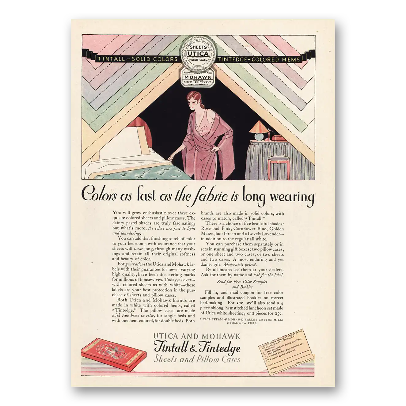 1929 Tintall & Tintedge Sheets Colors As Fast As the Fabric Is Long Wearing Vintage Magazine Print Ad