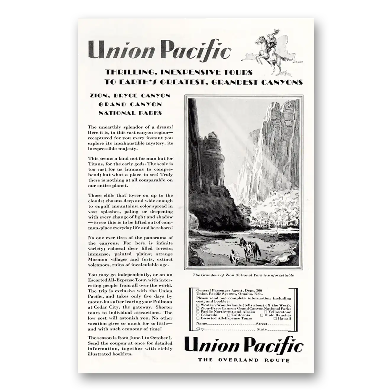 1929 Union Pacific Railroad Thrilling Inexpensive Tours Vintage Magazine Print Ad