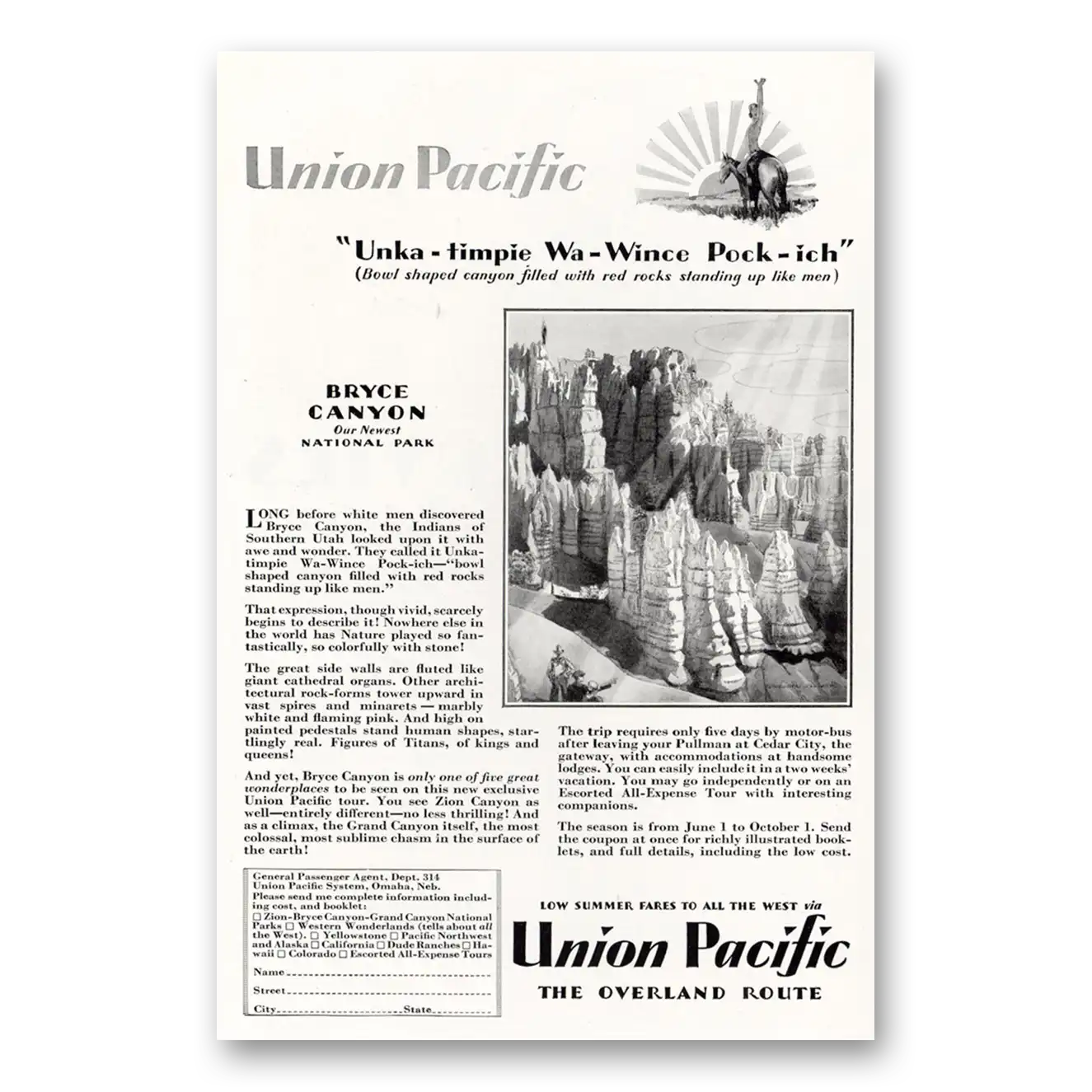 1929 Union Pacific Railroad Unka Timpie Wa Wince Pock Ich Vintage Magazine Print Ad