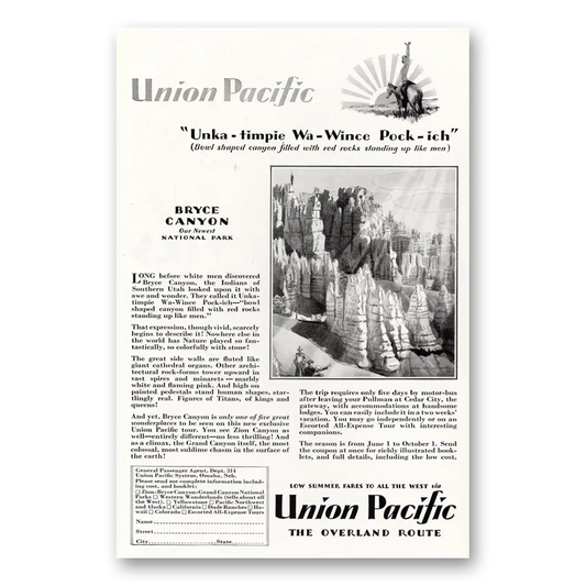 1929 Union Pacific Railroad Unka Timpie Wa Wince Pock Ich Vintage Magazine Print Ad