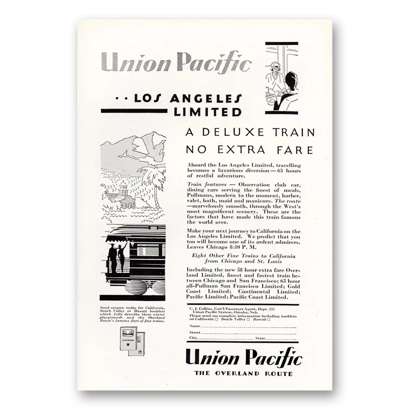 1929 Union Pacific Railroad Los Angeles Limited Deluxe Train Vintage Magazine Print Ad