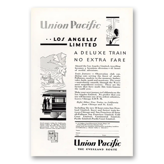 1929 Union Pacific Railroad Los Angeles Limited Deluxe Train Vintage Magazine Print Ad