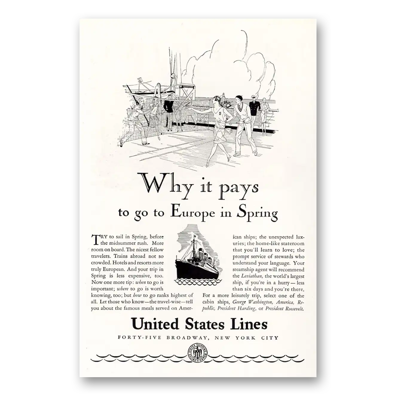 1929 United States Lines Pays to Go to Europe In Spring Vintage Magazine Print Ad