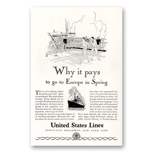 1929 United States Lines Pays to Go to Europe In Spring Vintage Magazine Print Ad