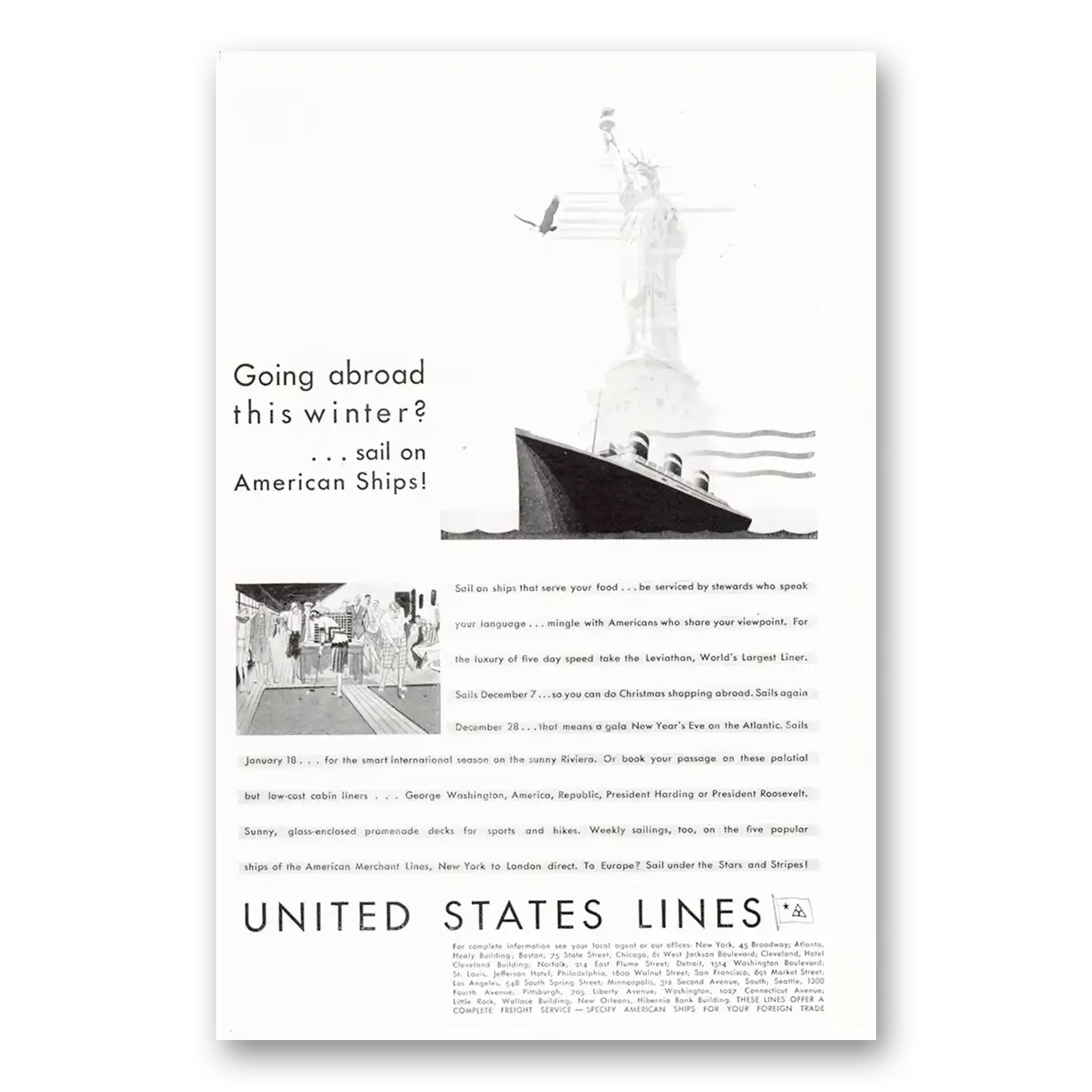 1929 United States Lines Going Abroad This Winter Vintage Magazine Print Ad