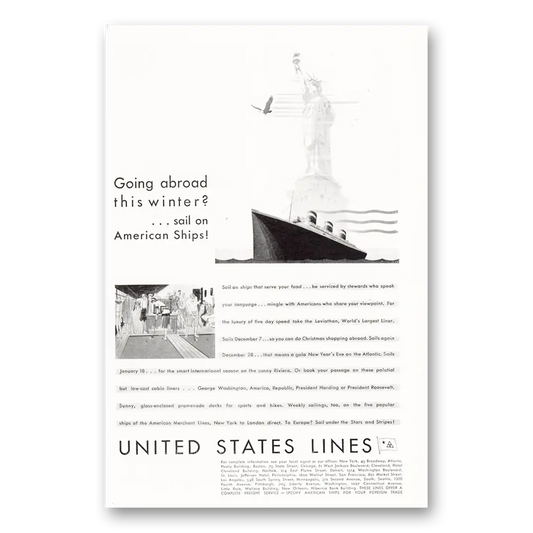 1929 United States Lines Going Abroad This Winter Vintage Magazine Print Ad