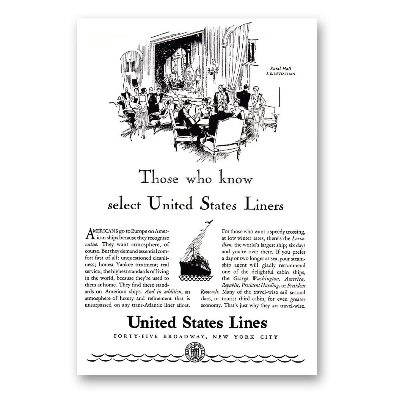 1929 United States Lines Those Who Know Social Hall SS Leviathan Vintage Magazine Print Ad