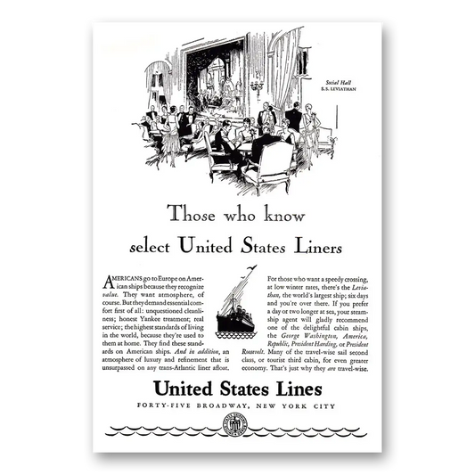 1929 United States Lines Those Who Know Social Hall SS Leviathan Vintage Magazine Print Ad