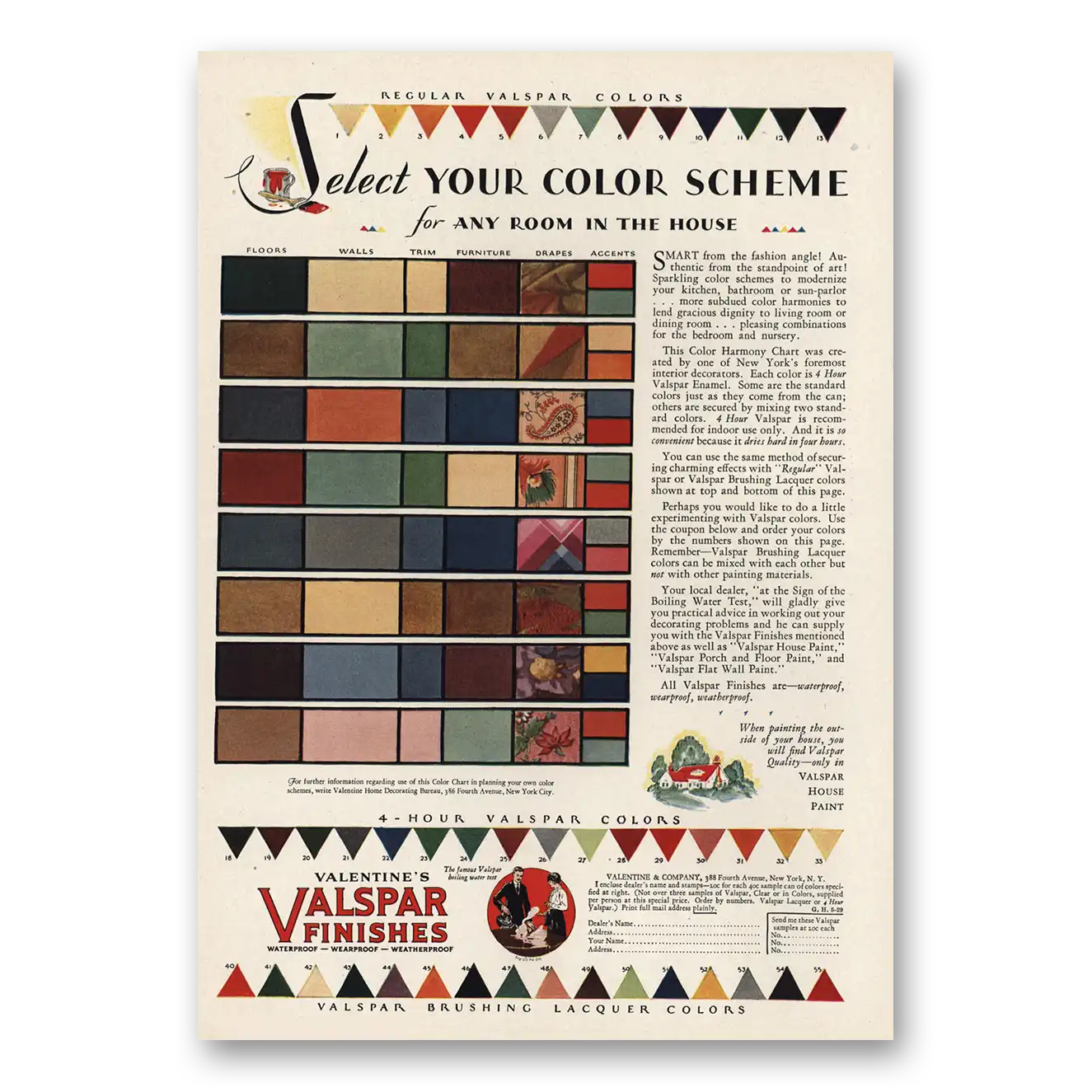 1929 Valspar Finishes Select Your Color Scheme Vintage Magazine Print Ad