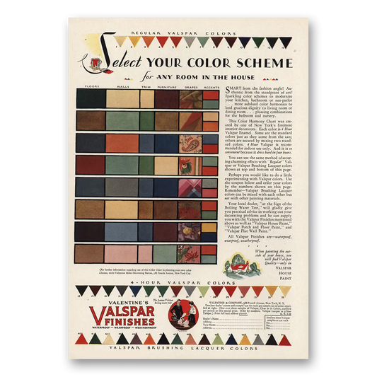 1929 Valspar Finishes Select Your Color Scheme Vintage Magazine Print Ad