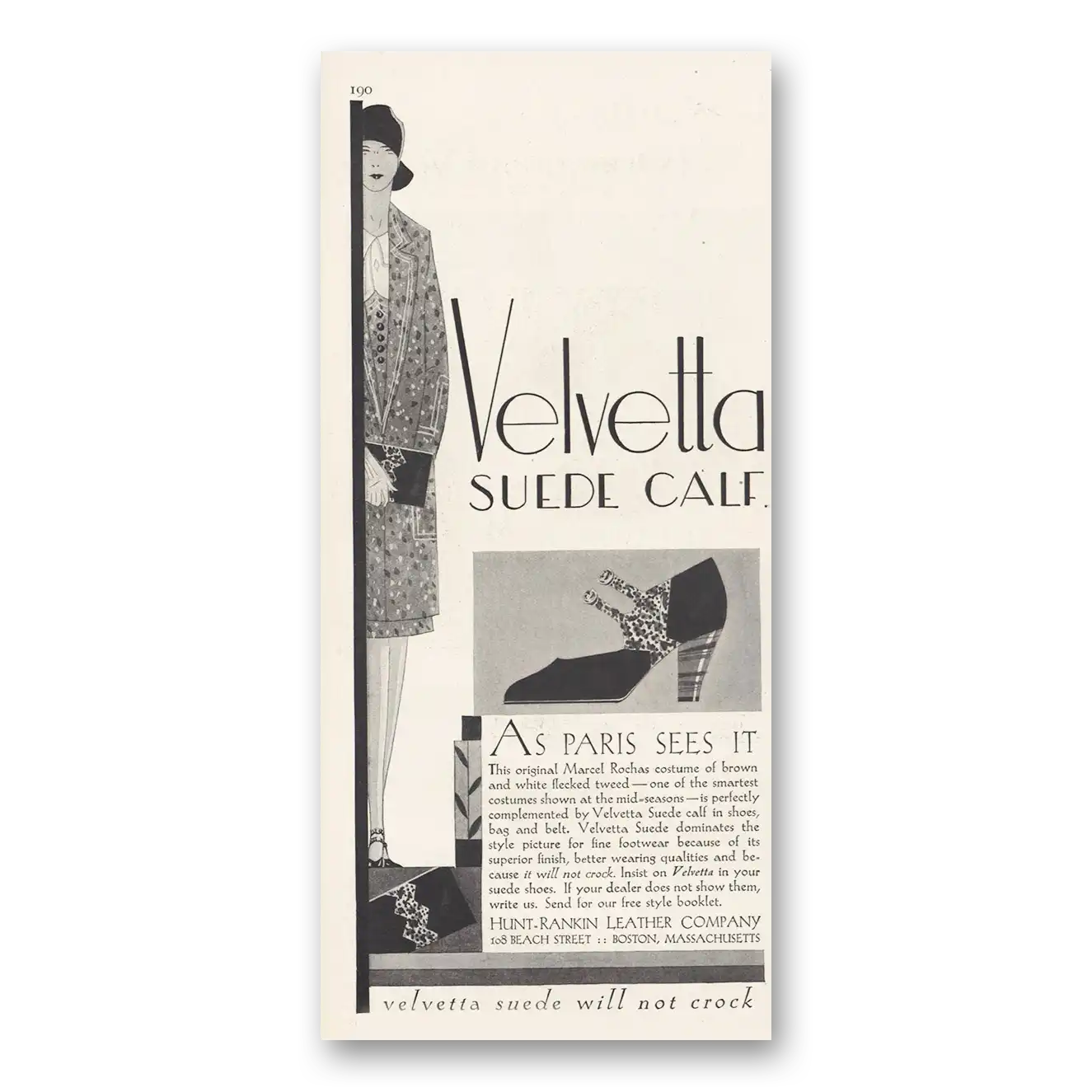 1929 Hunt Rankin Leather Velvetta Suede Calf Shoe As Paris Sees It Vintage Magazine Print Ad