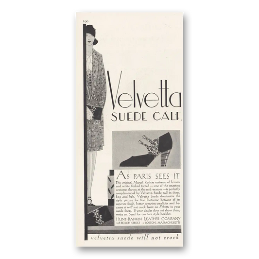 1929 Hunt Rankin Leather Velvetta Suede Calf Shoe As Paris Sees It Vintage Magazine Print Ad