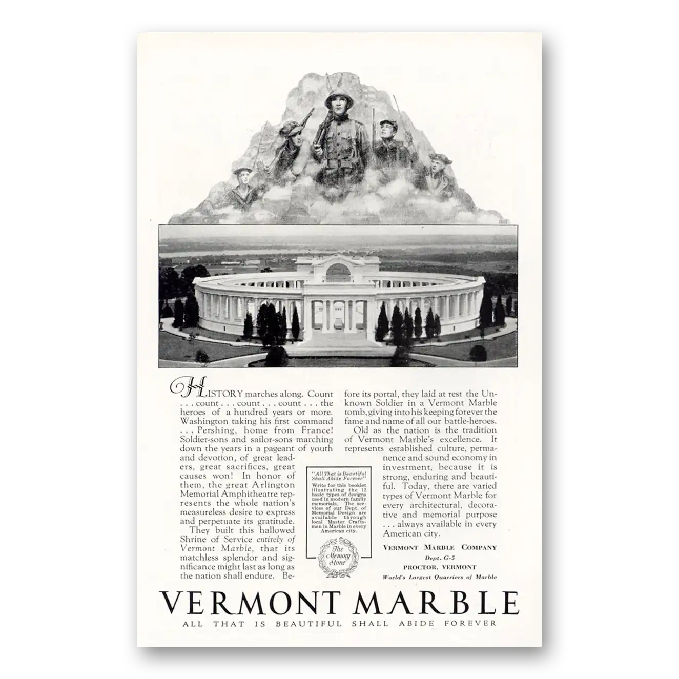 1929 Vermont Marble Arlington Memorial Amphitheatre Vintage Magazine Print Ad