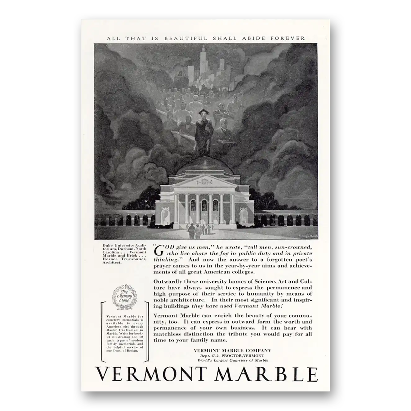 1929 Vermont Marble Duke University Vintage Magazine Print Ad