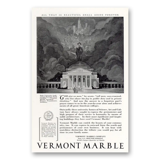 1929 Vermont Marble Duke University Vintage Magazine Print Ad