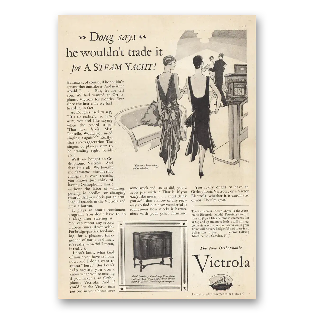 1929 Victrola Wouldn’t Trade It for a Steam Yacht Vintage Magazine Print Ad