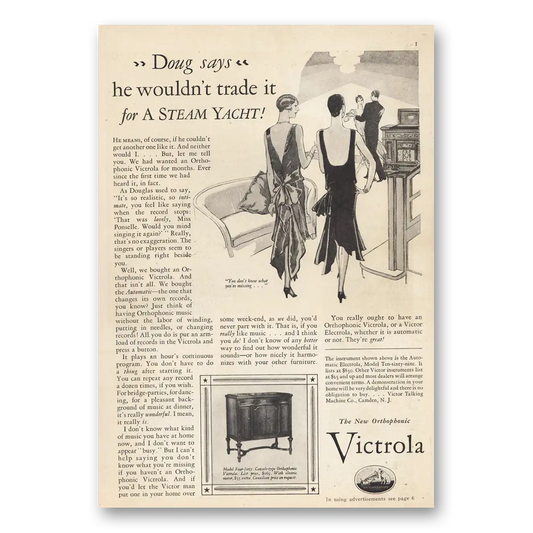 1929 Victrola Wouldn’t Trade It for a Steam Yacht Vintage Magazine Print Ad