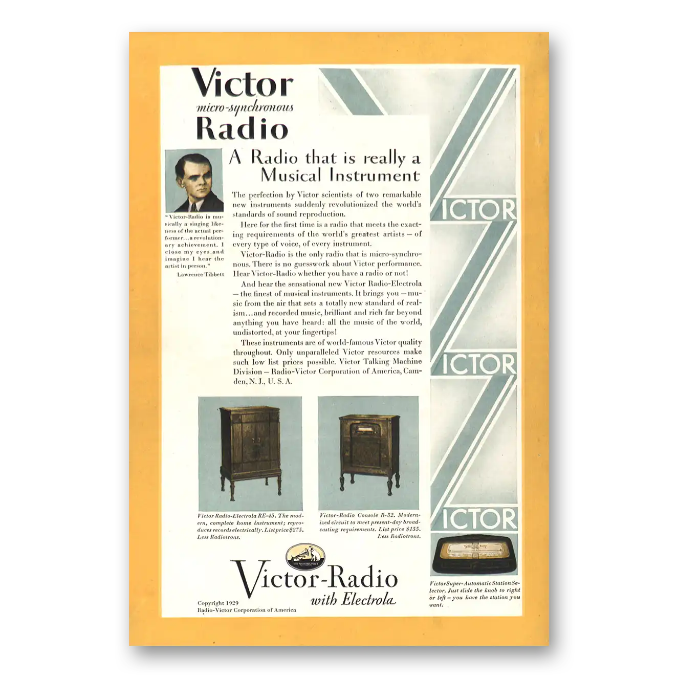 1929 Victor Radio Really a Musical Instrument Lawrence Tibbett Vintage Magazine Print Ad