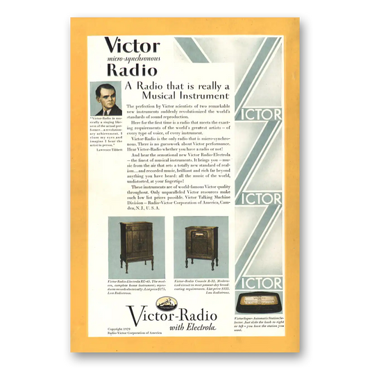 1929 Victor Radio Really a Musical Instrument Lawrence Tibbett Vintage Magazine Print Ad