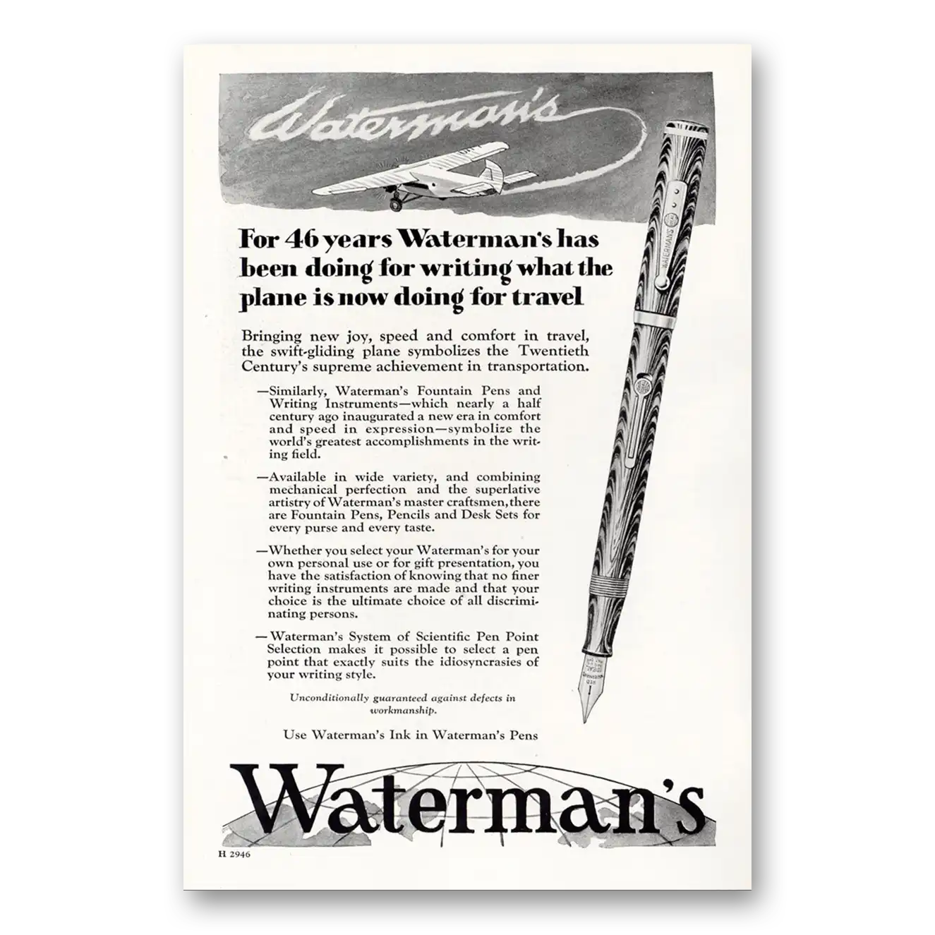 1929 Watermans Pen Doing For Writing What the Plane Is Now Doing Vintage Magazine Print Ad