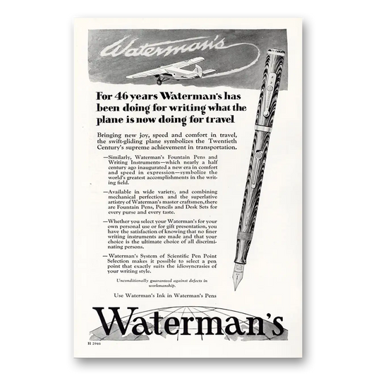 1929 Watermans Pen Doing For Writing What the Plane Is Now Doing Vintage Magazine Print Ad