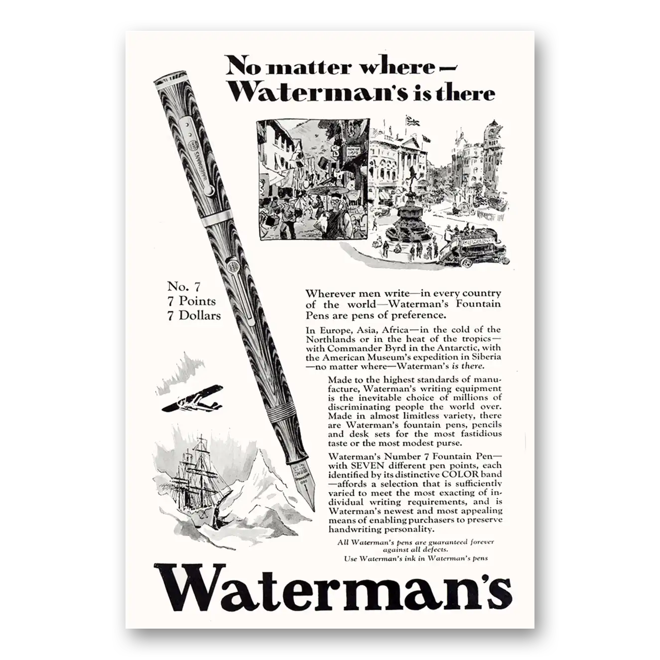 1929 Watermans Pen No Matter Where Vintage Magazine Print Ad