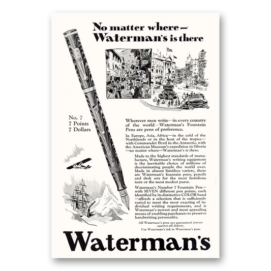 1929 Watermans Pen No Matter Where Vintage Magazine Print Ad