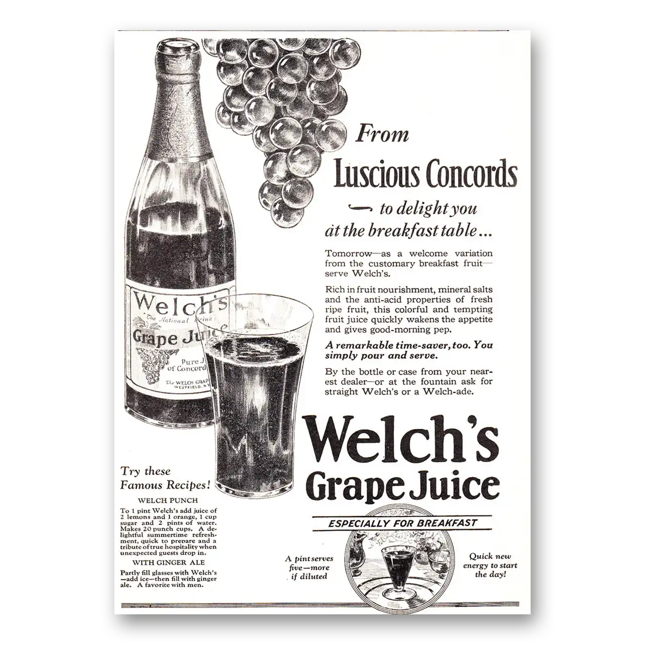 1929 Welch's Grape Juice From Luscious Concords Vintage Magazine Print Ad